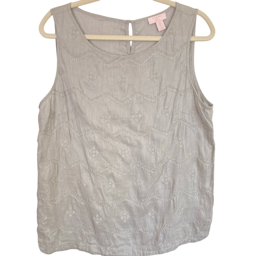 St Tropez West Womens L Gray 100% Linen Allover Embroidered Top Coastal Beachy